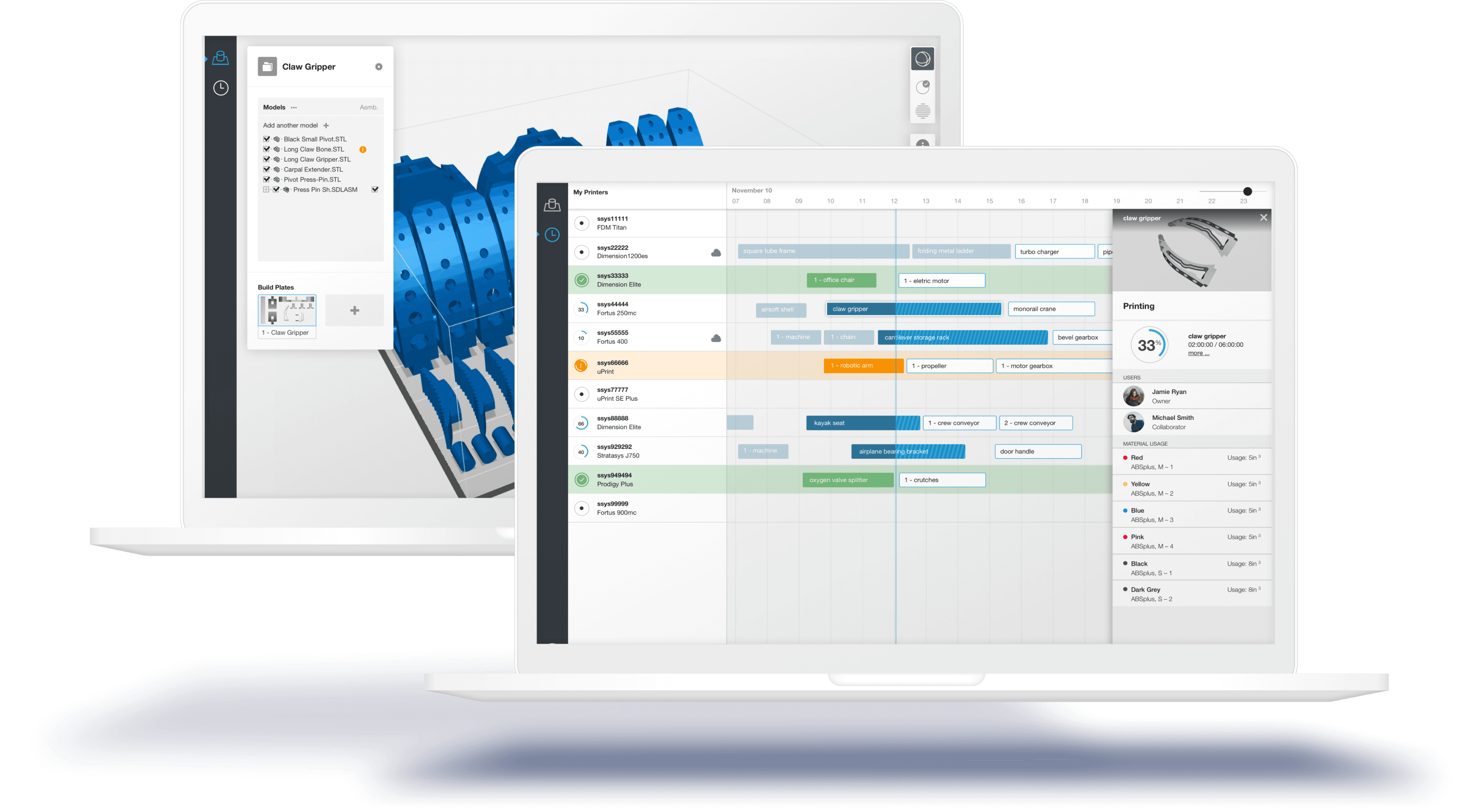 Stratasys print-shop management software on laptop screens