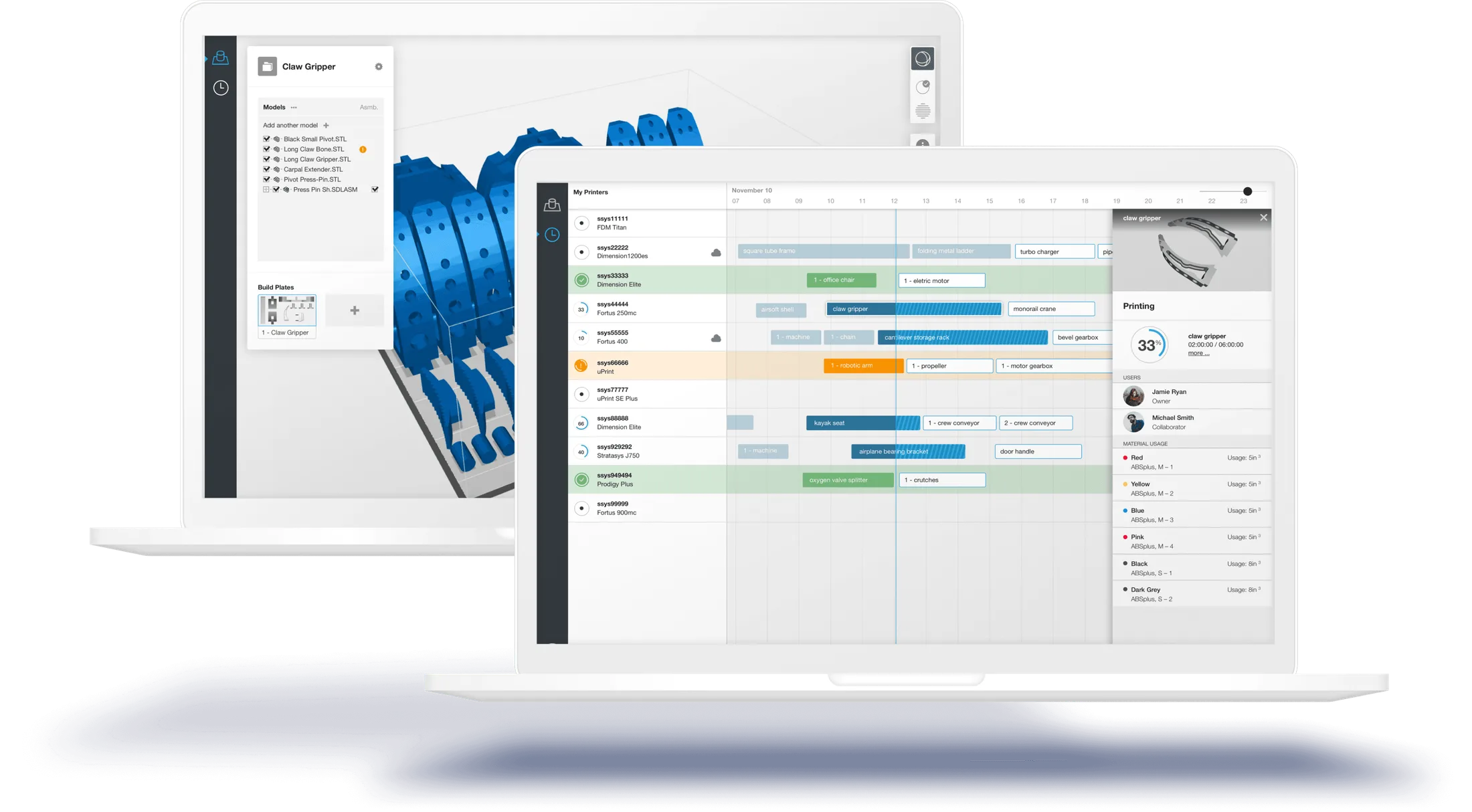 Stratasys print-shop management software on laptop screens